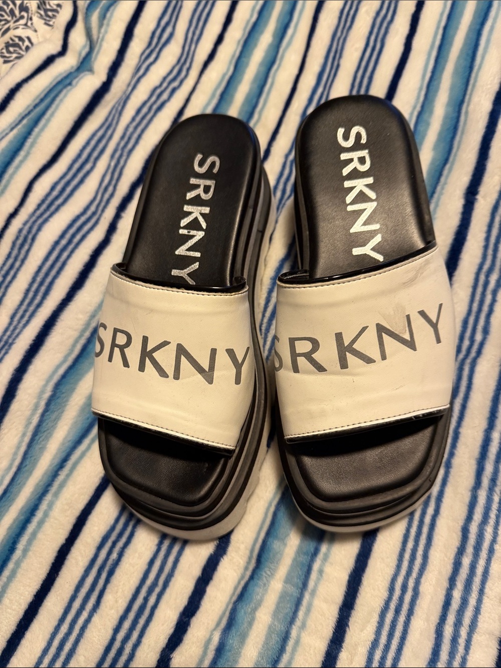SRKNY White and Black Slide Sandals